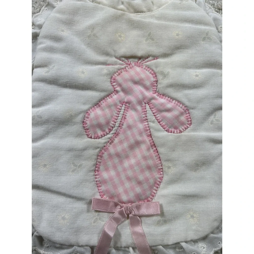 Vintage Baby Bib Pink Gingham Bunny‎ Applique Eyelet Ruffle Trim Embroidered Bow